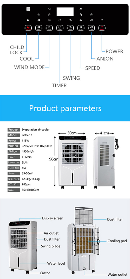 42L Tank Anion Air Cooler , 4 Side Cooling evaporative cooling fan
